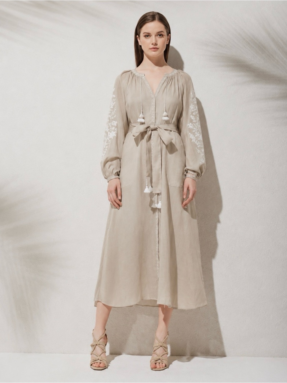 ELEVEN March 11 Linen Blend Embroidered Maxi Dress Long Sleeve Size XL   E